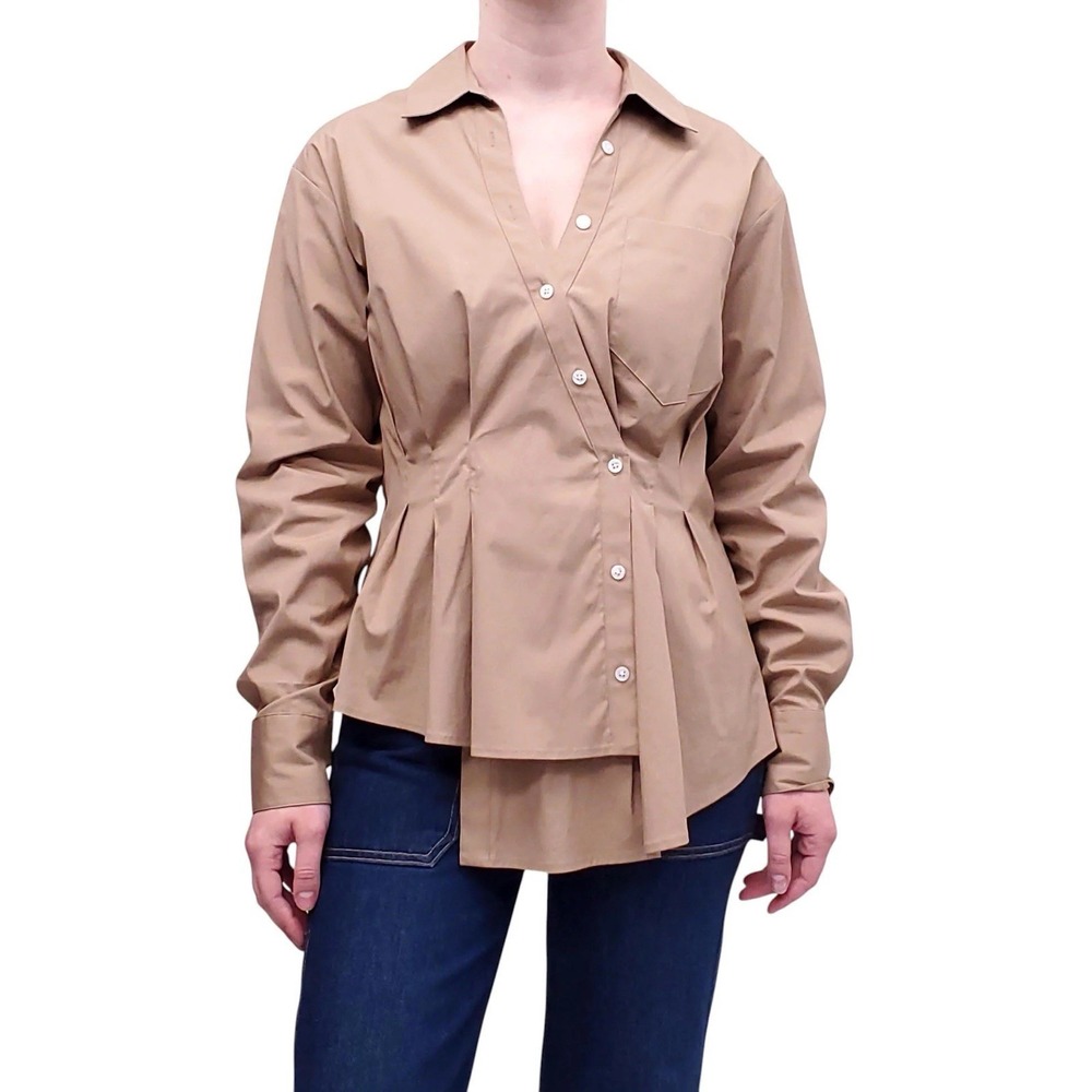 Veronica Beard Rosamund Pleated Cotton-Blend Poplin Shirt Tan Size 4 Asymmetric